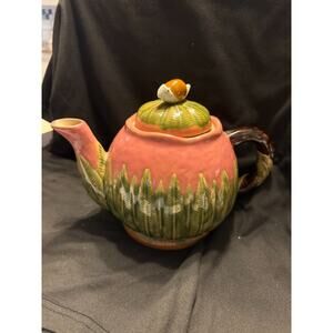 Nouveau Majolica Teapot Pink with Green Leaves Snail on Lid